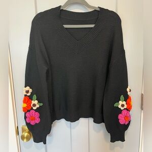 Black Knit Sweater with Flower Sleeves